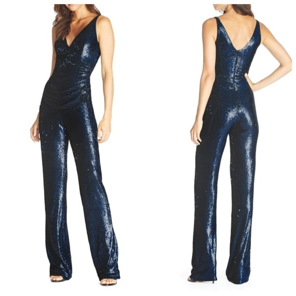 Dress The Population Sam Sequin Jumpsuit Navy Women’s Size XS Sleeveless Ruched - Picture 1 of 14